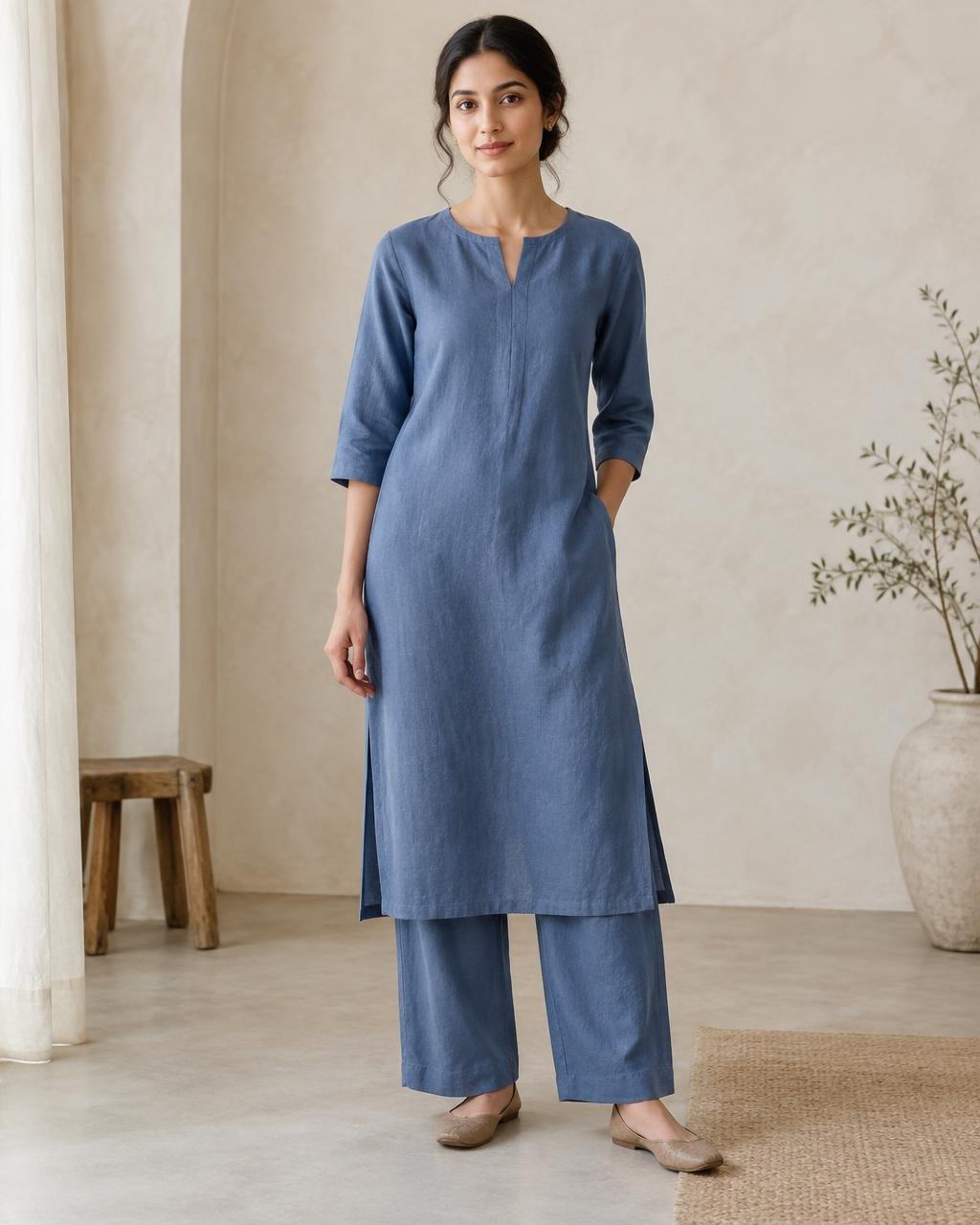 Blue Linen Kurta Set