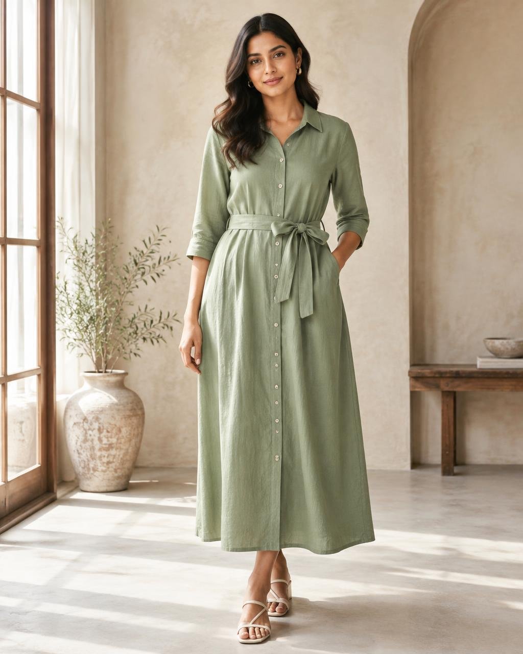 Sage Belted Shirt Dress