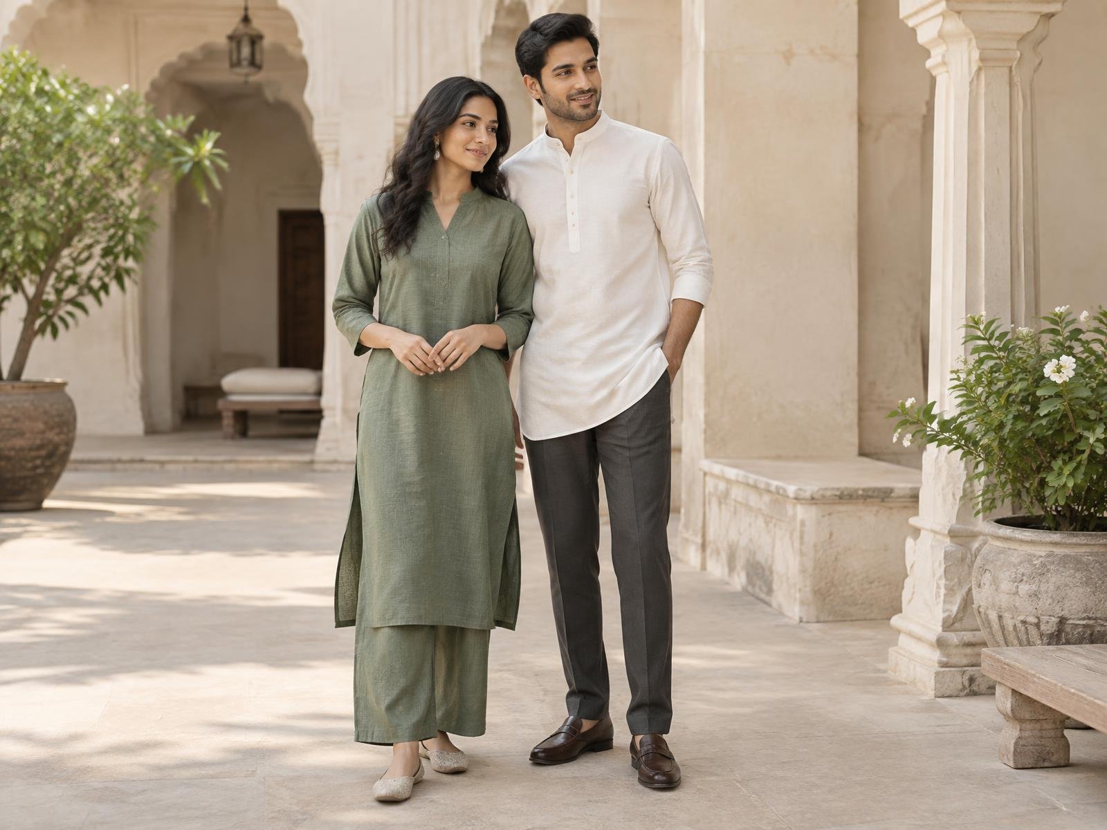 Indian couple wearing a sage kurta set and ivory band-collar kurta
