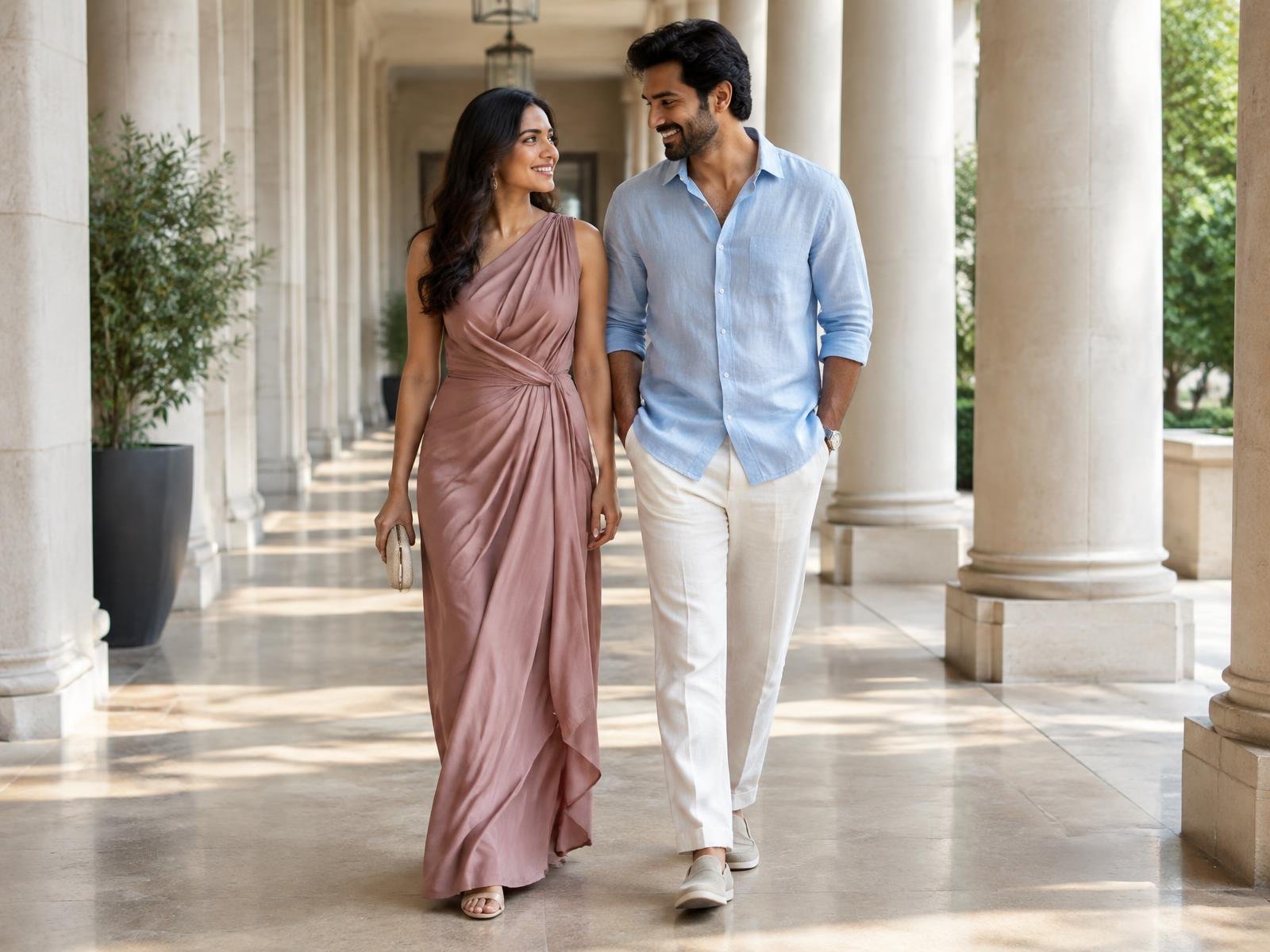 Indian couple wearing a rose draped dress and blue linen shirt
