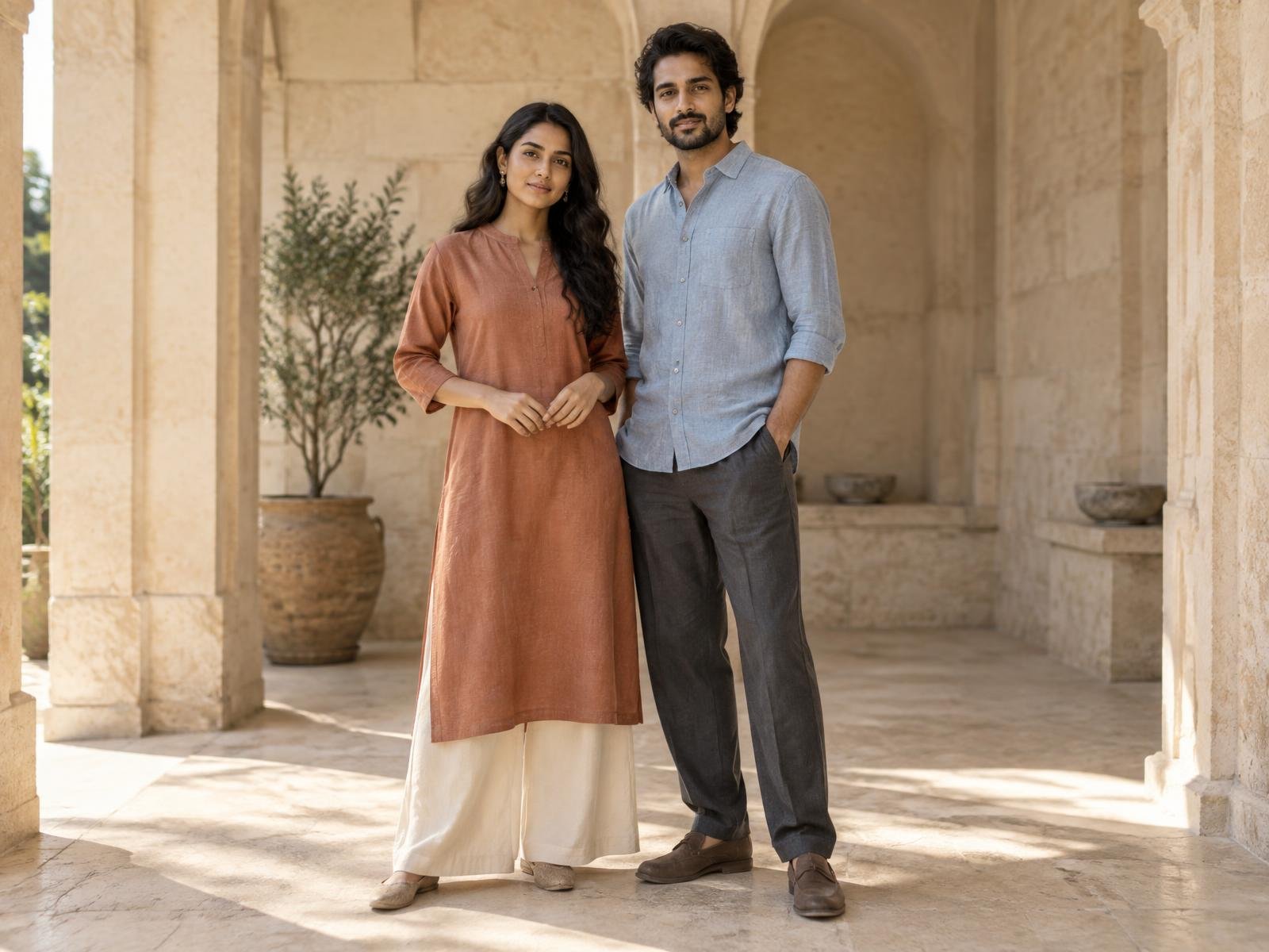 Indian couple wearing a terracotta kurta and blue linen shirt